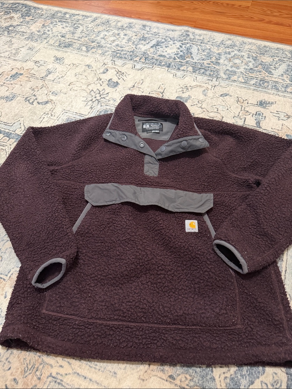 Carhartt Women’s Deep Brown Sherpa Zip Pullover with Gray Trim